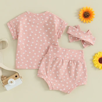 Летняя одежда для новорожденных девочек Футболка с короткими рукавами в цветочек Топ Шорты с цветочным рисунком Комплект повязки на голову Повседневная одежда для младенцев