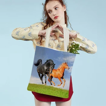 Модная женская сумка-тоут с диким животным и лошадью с двусторонним принтом, многоразовая холщовая сумка для студенток