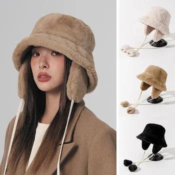 Модные женские зимние Теплые меховые шапки-ведра для пеших прогулок, повседневная однотонная шляпа из хлопчатобумажной ткани, защита ушей, кепка-бочонок