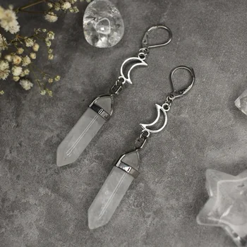 Модные серебряные серьги-подвески с луной и шестиугольными кристаллами