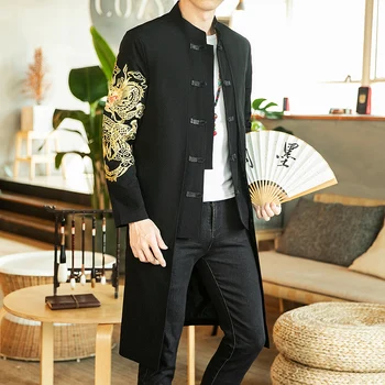 Мужская длинная ветровка в китайском стиле, винтажная куртка Harajuku с вышивкой дракона, китайская повседневная ветровка, мужская одежда