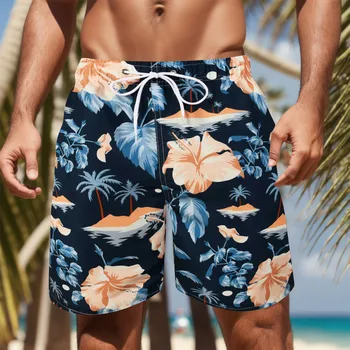 Мужские летние плавки, модные шорты с принтом тропических растений, летние гавайские короткие брюки для пляжного отдыха