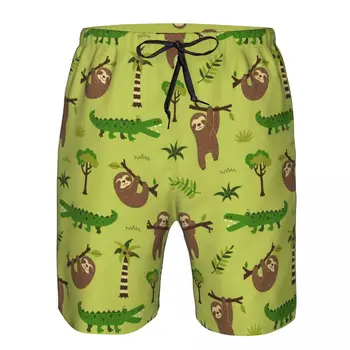 Мужские пляжные короткие шорты для плавания Коричневые Ленивцы, зеленые Крокодилы, Мультяшные шорты для серфинга на доске, купальники