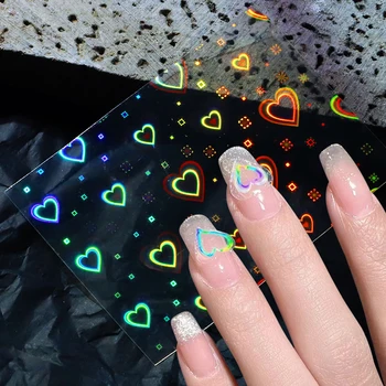 Наклейка для ногтей с надписью Love Heart Design Holo Aurora Лазерный Самоклеящийся слайдер для маникюра, украшения для ногтей, принадлежности