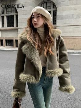 Новая винтажная Короткая байкерская куртка для женщин 2023, Корейская зимняя модная верхняя одежда с мехом, Элегантная повседневная куртка, теплые пальто