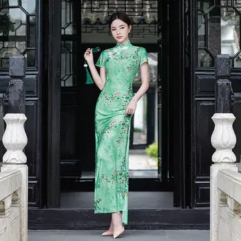 Новое 6 Цветов Женское Длинное летнее платье Cheongsam большого размера, новые костюмы в китайском стиле, Сексуальное эластичное платье