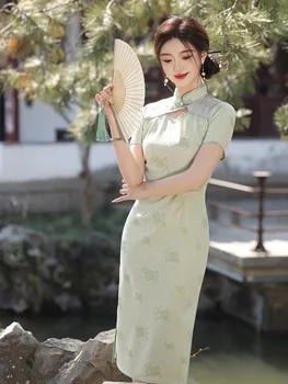 Новое китайское Традиционное женское платье Ципао с зеленым цветочным принтом и высоким разрезом Чонсам