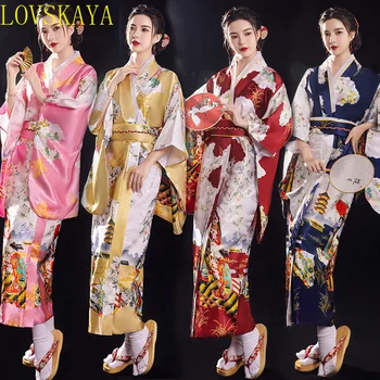 Новое Японское Традиционное Кимоно, Популярная пижама с цветочным принтом, Женское шелковое платье-халат большого размера