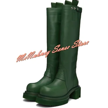 Новые зеленые кожаные мужские ботинки до середины икры круглый носок коренастый каблуках Осень Зима мужчины обувь скольжения на большой размер мужской ботинок