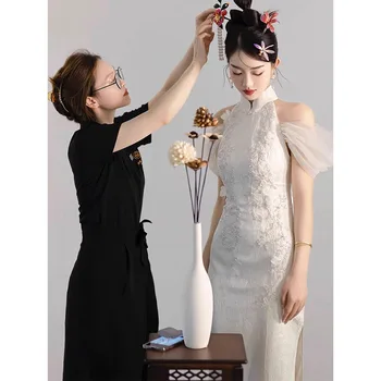 Новые Китайские Платья Белое Ципао С Открытыми Плечами Cheongsam Женское Улучшенное Китайское Банкетное Платье Длинное Вечернее Платье Vestidos