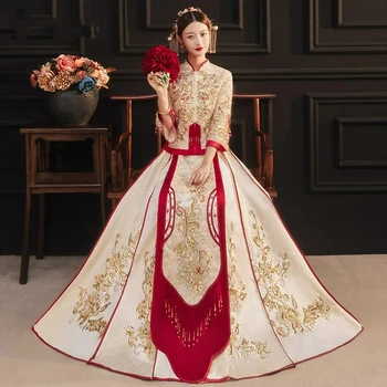 Одежда с вышивкой дракона и Феникса в китайском стиле, традиционное свадебное платье Cheongsam Qipao, красное женское платье