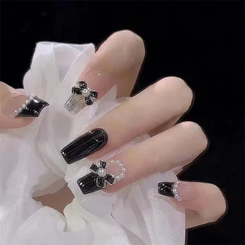 Осенне-зимние Темные доспехи в стиле милой и крутой девушки с жемчужным бантом Демонстрируют белые ногти