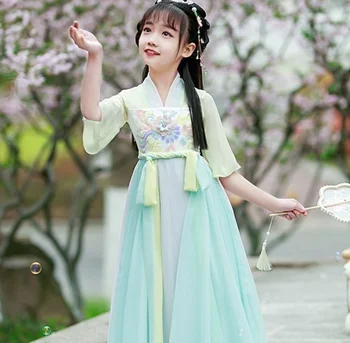 Панда Бади, Новое летнее и осеннее детское платье Hanfu зеленого цвета, тонкий комплект с вышивкой, Супер фея, Две национальные особенности