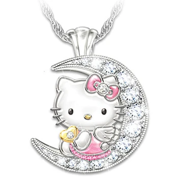Персонажи мультфильма Sanrio Moon Hello Kitty Kawaii KT Cat Кулон Ожерелье из сплава Аксессуары Модель Игрушки Подарки для детей