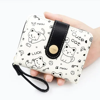 Простая женская сумочка с карманом для мелочи с пряжкой и милым котенком и женская многофункциональная короткая сумка для карт с зажимом для денег