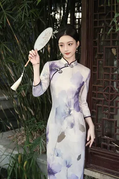 Простой и элегантный Новый китайский Чонсам 2023 Осень Новое Улучшение стиля Qipao Daily Long Традиционное платье с воротником-стойкой