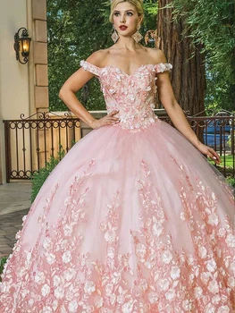 Пышное платье с цветочной аппликацией с открытыми плечами, Тюлевое платье для дня рождения 15-16 лет, праздничные бальные платья, платье принцессы