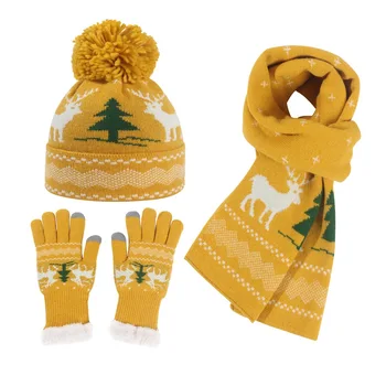Рождественская вязаная шапка, перчатки, шарф, теплый костюм для верховой езды, 3 шт., праздничная вечеринка, утолщенная перчатка, мягкий шарф, шапочка с вышивкой
