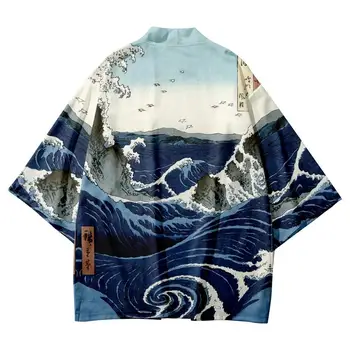 Рубашка-кимоно с волнистым принтом в винтажном японском стиле, традиционная одежда для женщин хаори, уличная одежда, кардиган, Юката, косплей