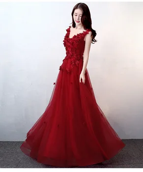 Свадебное платье Чонсам, сексуальное платье для выпускного вечера с V-образным вырезом и аппликацией, женское элегантное платье для темперамента невесты без рукавов, Длинная бордовая газовая юбка