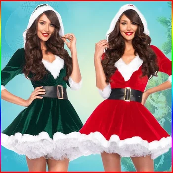 Сексуальный женский костюм, косплей, рождественские костюмы для девочек, модное платье Мисс Клаус, костюм Санта Клауса, милое платье, шапочка, юбка с поддержкой