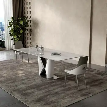 Современный кухонный стол из каменной плиты для ужина, лаконичный каркас из углеродистой стали, украшение мебели для дома, прямоугольник белого обеденного стола