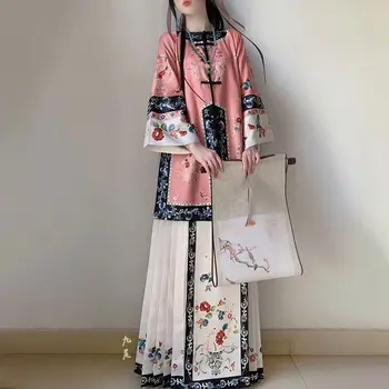 Сценический костюм в стиле ретро династии Цин для женщин, винтажная китайская традиционная юбка с лошадиной мордой, комплект платья Hanfu для косплея