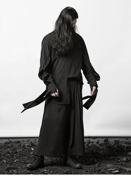 Темная мужская одежда с объемной свободной рубашкой с длинными рукавами в стиле Ямамото, простроченная рубашка с серпантином