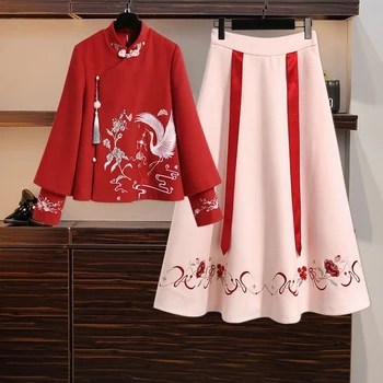 Тонкие топы с вышивкой в китайском стиле, женское тонкое красное пальто большого размера, Шерстяное весеннее пальто Cheongsam Hanfu, костюм-юбка