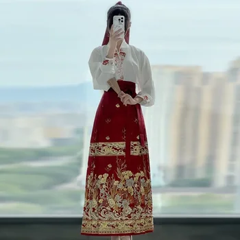 Традиционная китайская юбка Hanfu Horse Face Жилет Комплект короткой юбки mamianqun Топ с вышивкой Юбка Horse Face Комплект из двух частей 2023