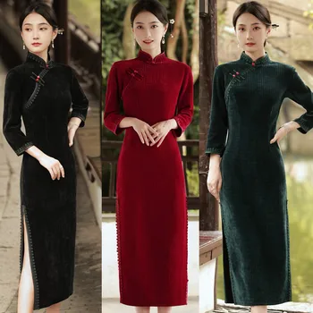 Традиционное Китайское женское Длинное Ципао, осень-зима, Бархатный Чонсам, Винтажный Классический Воротник-стойка, Восточная одежда, Vestidos