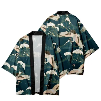 Традиционный кардиган Хаори с цветочным принтом журавля, японское кимоно, пляжные шорты, летняя пара, Мужская и женская рубашка Юката.