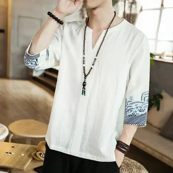 Традиционный китайский мужской топ в стиле ретро, рубашка Hanfu с V-образным вырезом и коротким рукавом, летние мужские топы с волнистой вышивкой, азиатская футболка Harajuku