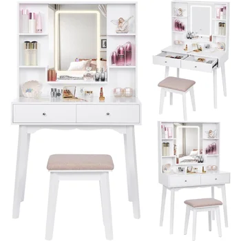 Туалетный столик для макияжа ANWBROAD, стол с зеркалом со светодиодной подсветкой, 3 регулируемых цвета освещения, 5 полок для хранения с мягкой подкладкой.
