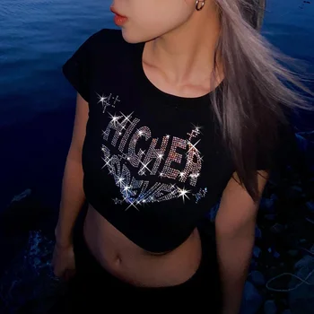 Украшенная стразами готическая сексуальная черная детская футболка, уличная одежда, женская винтажная милая футболка с надписью Y2k, одежда в стиле панк, тонкие топы, футболки