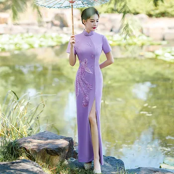 Фиолетовое Платье Qipao Sexy Split Long Cheongsam Традиционные Китайские Вечерние Платья Вечерние Плюс Размер Женская Одежда Vestidos Oriental