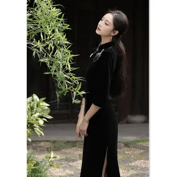 Черное Винтажное Бархатное Vestidos Улучшенное Новое Китайское Платье Cheongsam Qipao 2023 Осень Зима Элегантный Темперамент Традиционное Платье