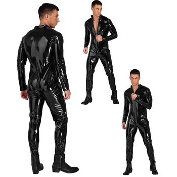 Черный комбинезон с длинным рукавом, мужское нижнее белье, мотоциклетное боди, воротник-стойка на молнии, глянцевая лакированная кожа, клубная одежда для вечеринок