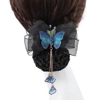 Элегантная женская тканевая заколка для волос с бабочкой, Хрустальная заколка-кисточка, Сетчатый снуд, Заколки для волос с бантом, Аксессуары для волос для женщин