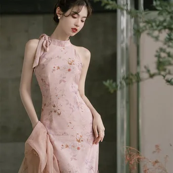 Элегантность Длинный Кардиган с цветочным принтом Cheongsam В китайском стиле, Розовое женское платье Ципао, Вечернее платье, Классическое Сексуальное Облегающее платье
