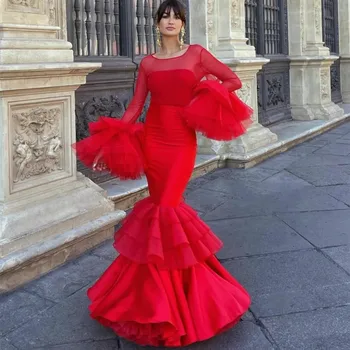 Элегантные длинные вечерние платья из красного крепа с рукавами 