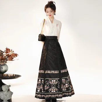 Юбка с лошадиной мордой Hanfu Оригинальное женское традиционное платье китайской династии Мин, юбка с вышивкой, повседневная юбка с лошадиной мордой, юбка Пони