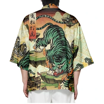 Японская уличная одежда, Свободный кардиган с тигровым принтом, женские и мужские кимоно Harajuku Haori, футболки для косплея, Юката