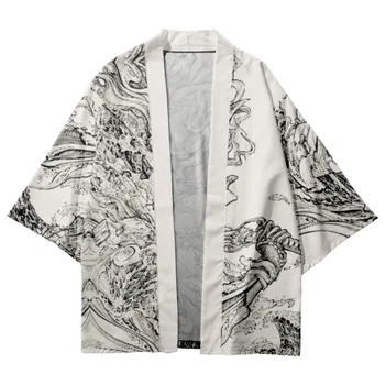 Японский Белый Кардиган с принтом Демона, рубашки 2024, Женщины, Мужчины, косплей, Юката, Харадзюку, Традиционное Кимоно, одежда больших размеров