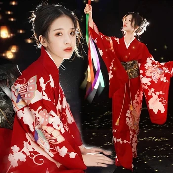 Японское красное платье, Традиционное Кимоно, женская одежда, Винтажный Красный халат Гейши, Юката, костюмы для косплея, фотосессия для выступлений